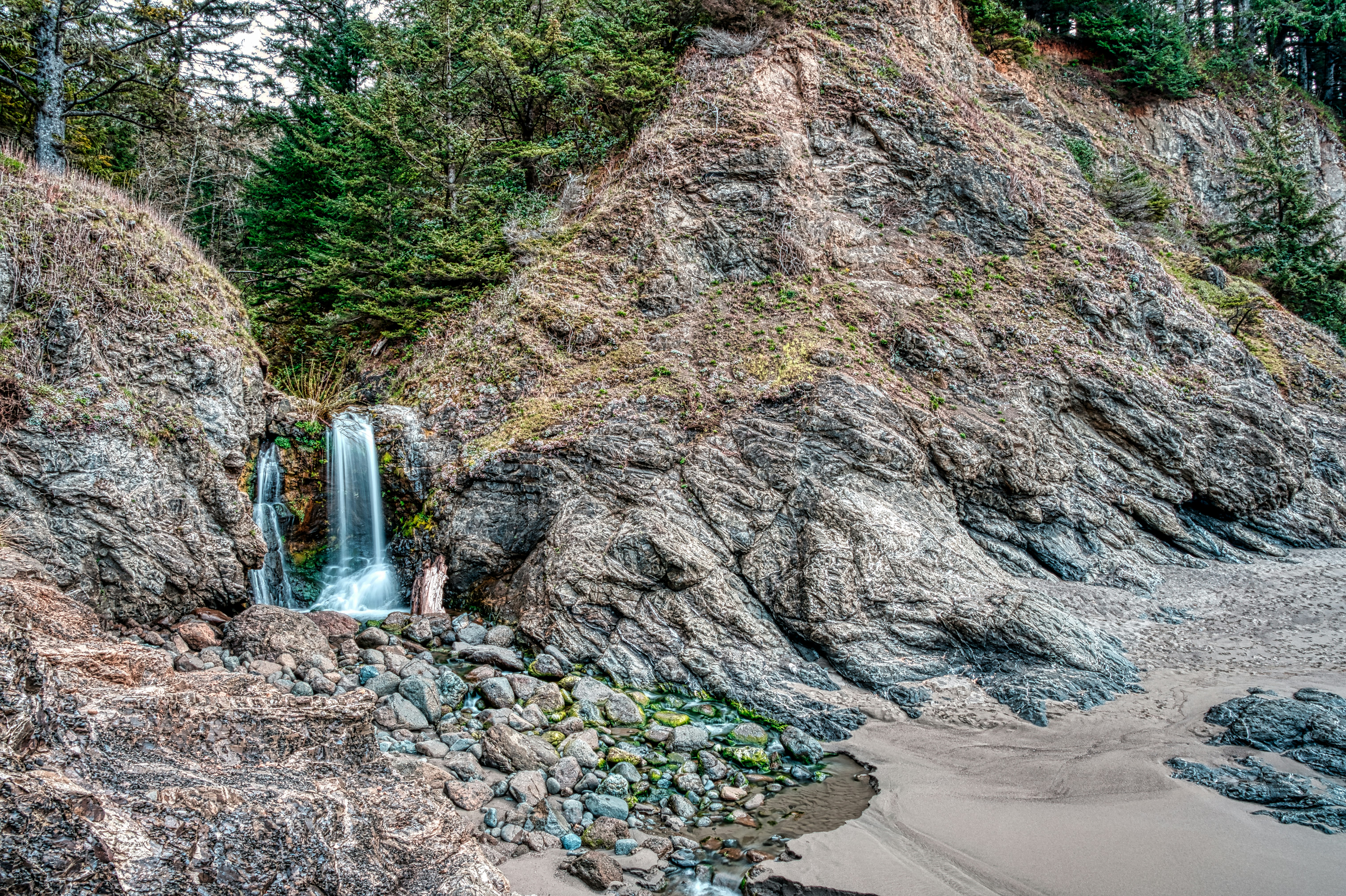 rocky shore with water falls